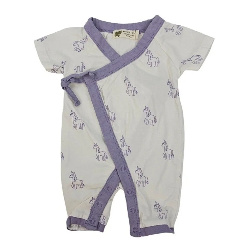 Baby 0-3M Monica + Andy Kimono Romper Set Purple Hearts Unicorn Organic Cotton‎